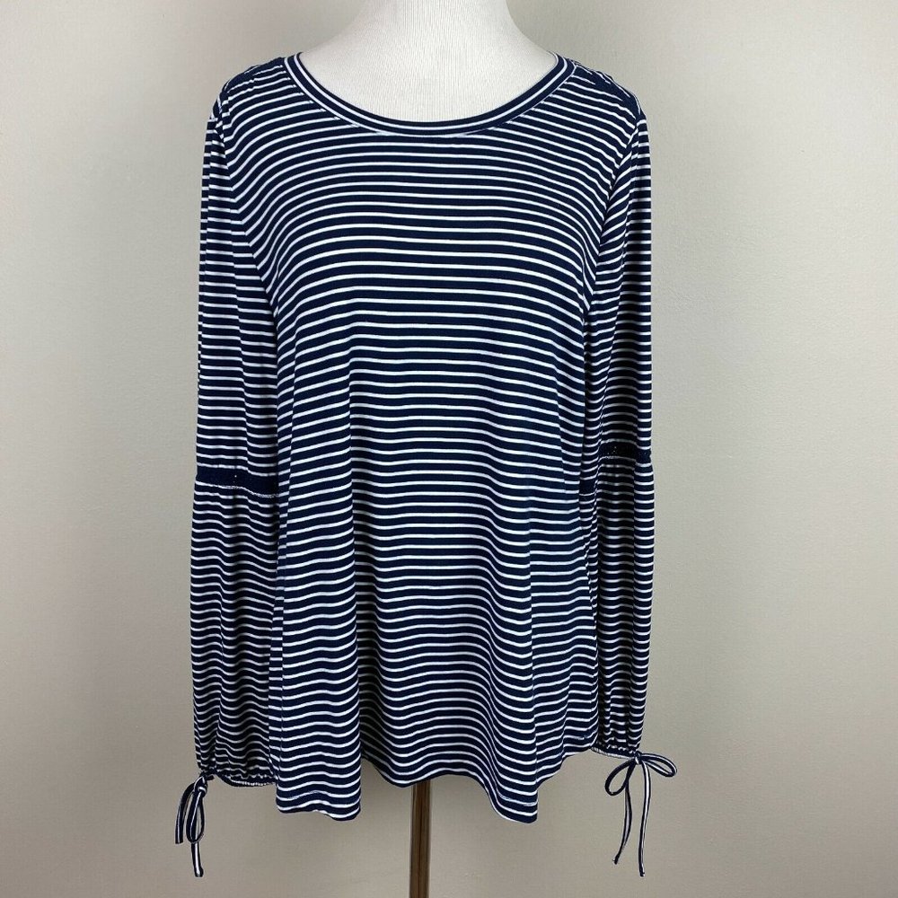Fred David Top Womens XL Navy Striped Crochet Lace Long‎ Tie Sleeve Scoop Neck